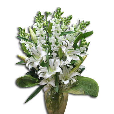Mazzo di lilum e antirrhinum bianchi